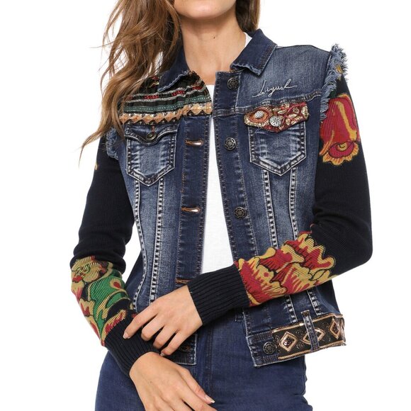 Desigual Jean Jacket Embroidered Art to wear Ceci Azul Size EU42 US10